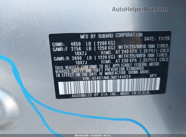 4S4BTAMC7M3144624 2021 SUBARU OUTBACK Silver 