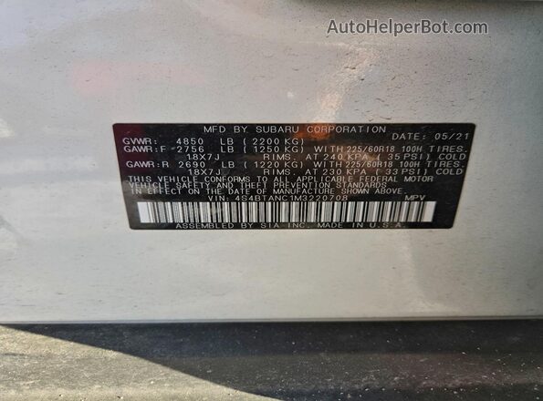 4S4BTANC1M3220708 2021 SUBARU OUTBACK White Vista de la etiqueta del VIN