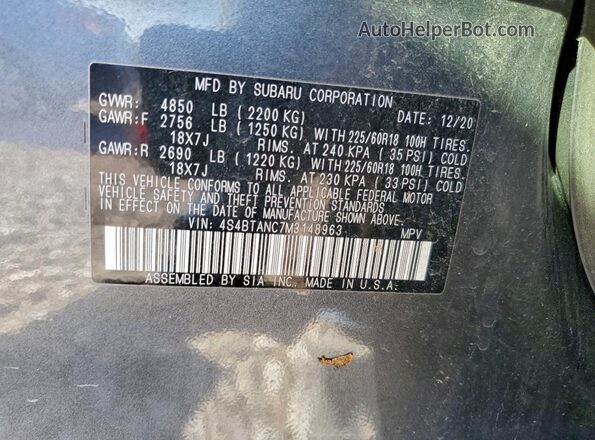 4S4BTANC7M3148963 2021 SUBARU OUTBACK Gray 