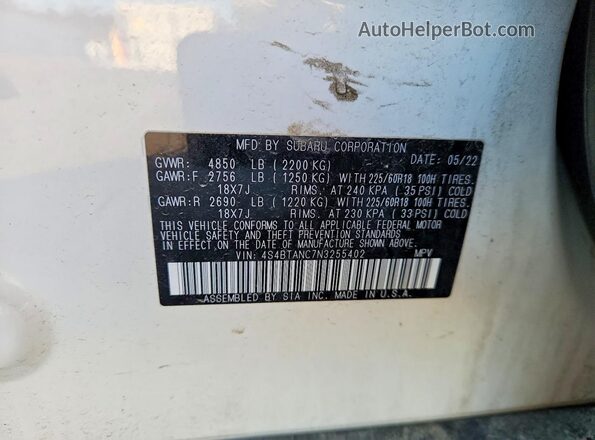 4S4BTANC7N3255402 2022 SUBARU OUTBACK White VIN კოდის სტიკერის ხედი