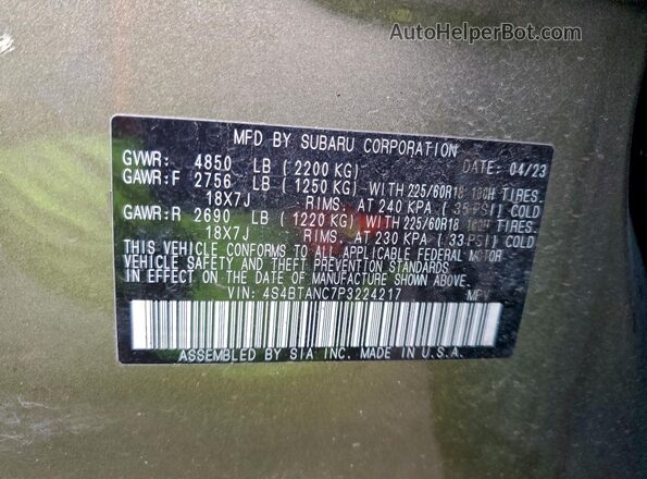 4S4BTANC7P3224217 2023 SUBARU OUTBACK Green Vista de la etiqueta del VIN