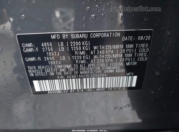 4S4BTANC8L3256684 2020 SUBARU OUTBACK Gray Widok komory silnika