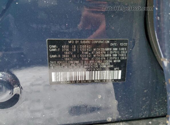 4S4BTANCXP3161453 2023 SUBARU OUTBACK Blue Vista de la etiqueta del VIN
