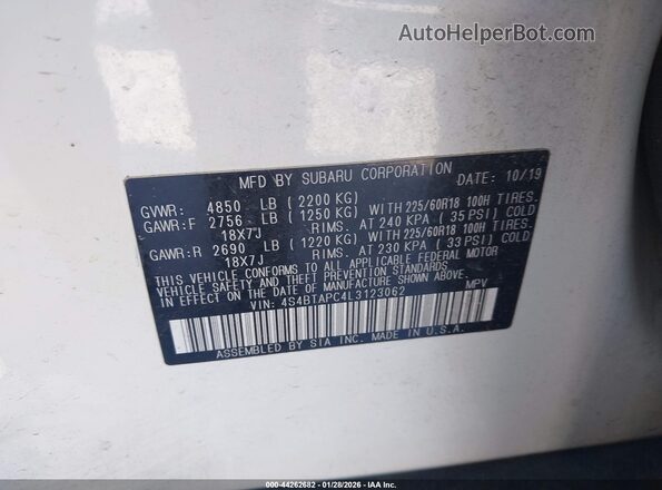 4S4BTAPC4L3123062 2020 SUBARU OUTBACK White Շարժիչի բաժամունքի տեսք