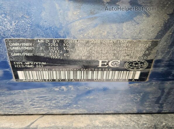 4S4BTDAC6M3188166 2021 SUBARU OUTBACK Blue Widok wnętrza 360 stopni