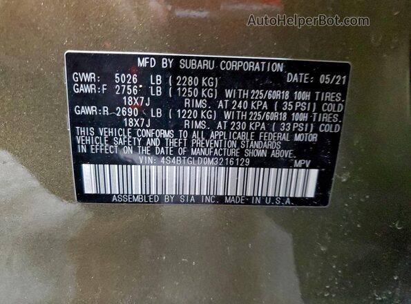 4S4BTGLD0M3216129 2021 SUBARU OUTBACK Green სალონის 360-გრადუსიანი ხედი