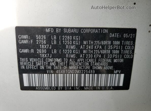 4S4BTGND2M3225489 2021 SUBARU OUTBACK White VIN კოდის სტიკერის ხედი
