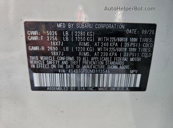 4S4BTGPD2M3113546 2021 SUBARU OUTBACK White 