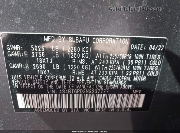4S4BTGPD3N3237777 2022 SUBARU OUTBACK Gray Vista del compartimento del motor