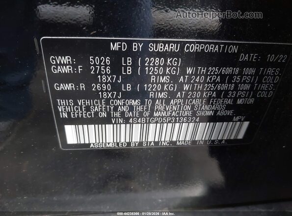 4S4BTGPD5P3136324 2023 SUBARU OUTBACK Черный 