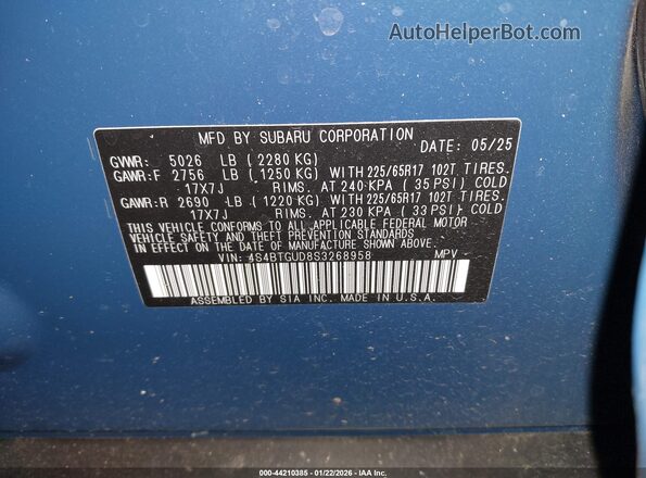 4S4BTGUD8S3268958 2025 SUBARU OUTBACK Blue Շարժիչի բաժամունքի տեսք