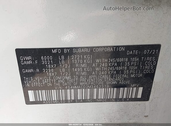 4S4WMACD2M3462319 2021 SUBARU ASCENT White Vista del compartimento del motor