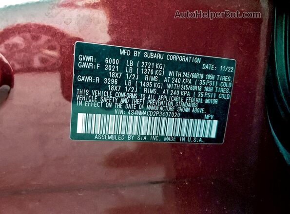 4S4WMACD2P3407020 2023 SUBARU ASCENT Maroon 