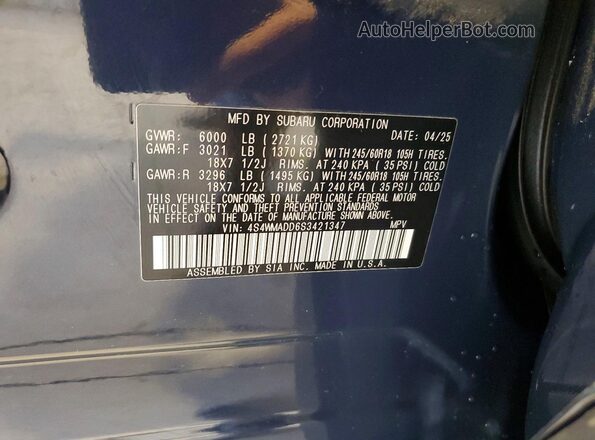4S4WMADD6S3421347 2025 SUBARU ASCENT Blue Widok wnętrza 360 stopni