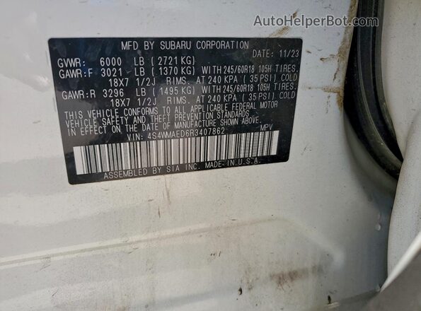 4S4WMAED6R3407862 2024 SUBARU ASCENT White Widok naklejki z numerem VIN