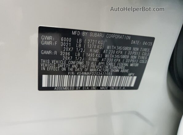 4S4WMAFD2S3422055 2025 SUBARU ASCENT White Vista de la etiqueta del VIN