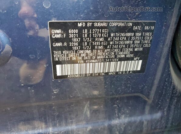 4S4WMAFD7L3411084 2020 SUBARU ASCENT Blue VIN կոդի պիտակի տեսք