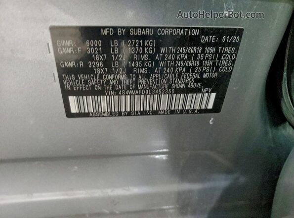 4S4WMAFD9L3452350 2020 SUBARU ASCENT Silver VIN կոդի պիտակի տեսք