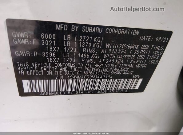 4S4WMAFD9M3440104 2021 SUBARU ASCENT White Widok komory silnika