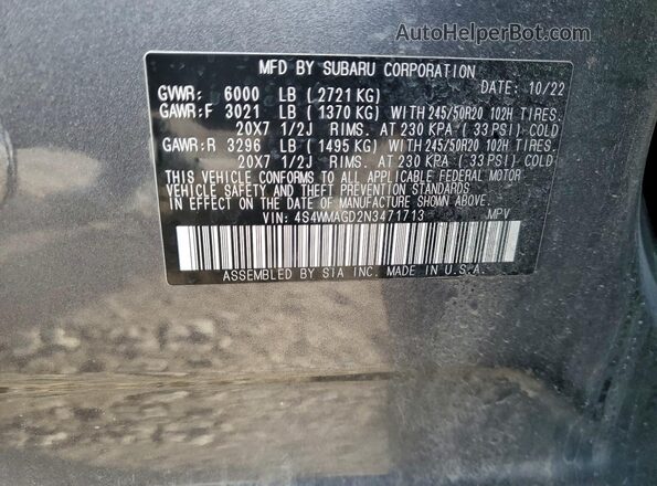 4S4WMAGD2N3471713 2022 SUBARU ASCENT Серый Вид наклейки с VIN-кодом