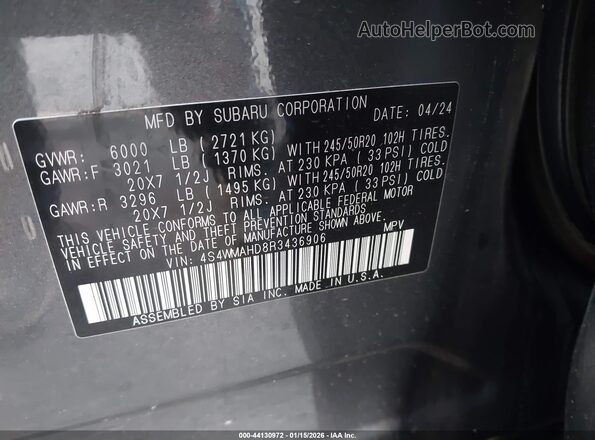 4S4WMAHD8R3436906 2024 SUBARU ASCENT Серый Вид подкапотного пространства