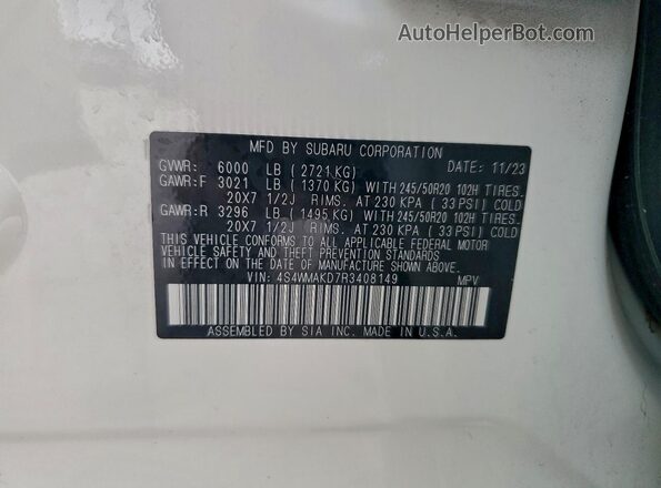 4S4WMAKD7R3408149 2024 SUBARU ASCENT White Вид наклейки з VIN-кодом