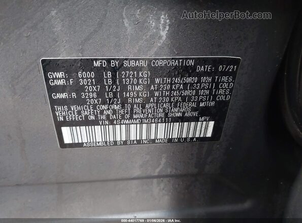 4S4WMAMD1M3464111 2021 SUBARU ASCENT Gray 