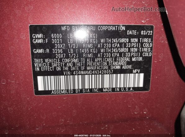 4S4WMAMD4N3428057 2022 SUBARU ASCENT Red 