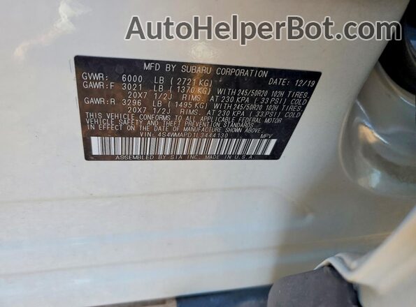 4S4WMAPD1L3444130 2020 SUBARU ASCENT White Widok naklejki z numerem VIN