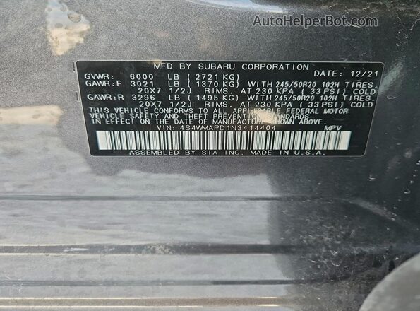4S4WMAPD1N3414404 2022 SUBARU ASCENT Серый Вид наклейки с VIN-кодом