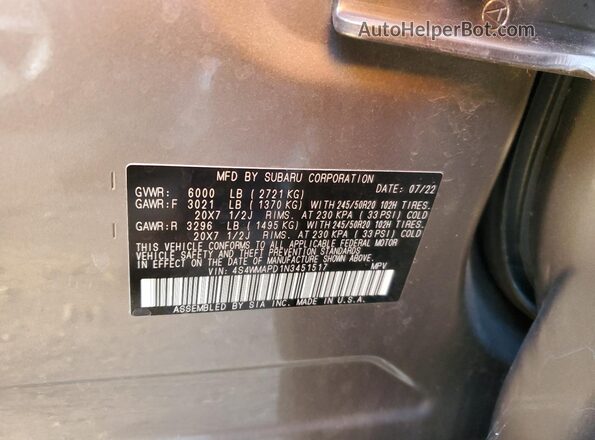4S4WMAPD1N3451517 2022 SUBARU ASCENT Gray VIN sticker view
