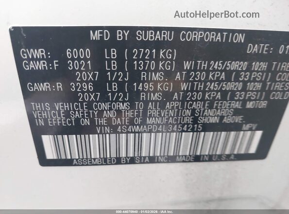 4S4WMAPD4L3454215 2020 SUBARU ASCENT Белый 