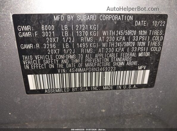 4S4WMAPD8N3469223 2022 SUBARU ASCENT Серебряный Вид подкапотного пространства