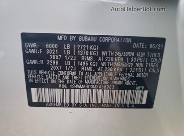 4S4WMARD3M3458903 2021 SUBARU ASCENT White Vista de la etiqueta del VIN