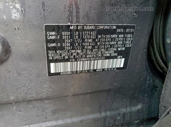 4S4WMARD3M3464233 2021 SUBARU ASCENT Серый Вид наклейки с VIN-кодом