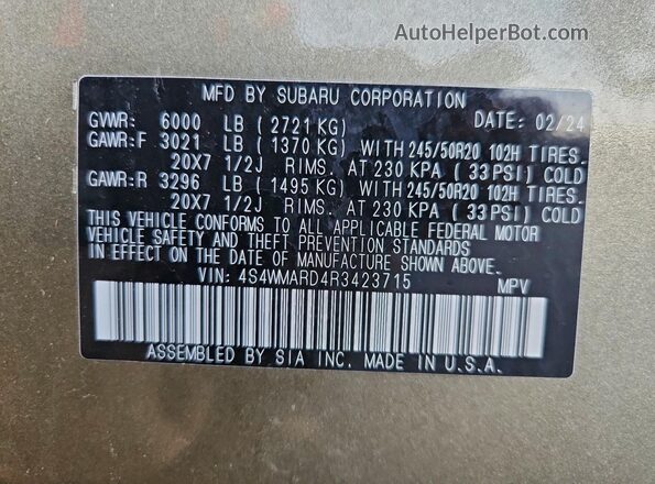 4S4WMARD4R3423715 2024 SUBARU ASCENT Green სალონის 360-გრადუსიანი ხედი