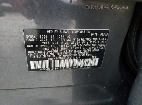 4S4WMARD6K3427836 2019 SUBARU ASCENT Gray Widok naklejki z numerem VIN