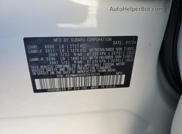 4S4WMASD0R3416240 2024 SUBARU ASCENT White VIN sticker view