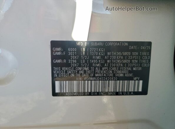 4S4WMAUD4S3420830 2025 SUBARU ASCENT White VIN sticker view