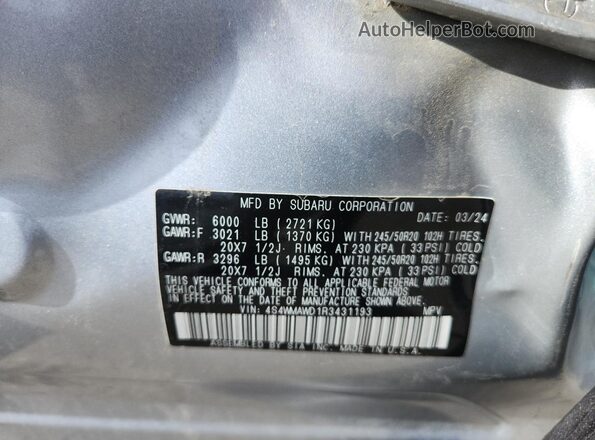 4S4WMAWD1R3431193 2024 SUBARU ASCENT Silver Widok naklejki z numerem VIN
