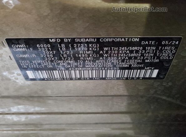 4S4WMAWD4R3442690 2024 SUBARU ASCENT Green Vista de la etiqueta del VIN