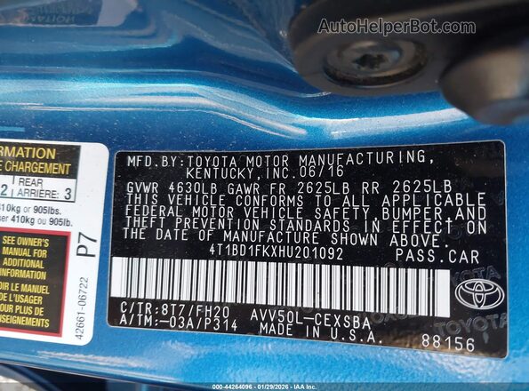 4T1BD1FKXHU201092 2017 TOYOTA CAMRY HYBRID Синий Вид подкапотного пространства