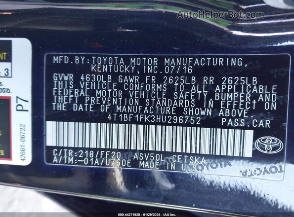 4T1BF1FK3HU296752 2017 TOYOTA CAMRY Black Вид підкапотного простору