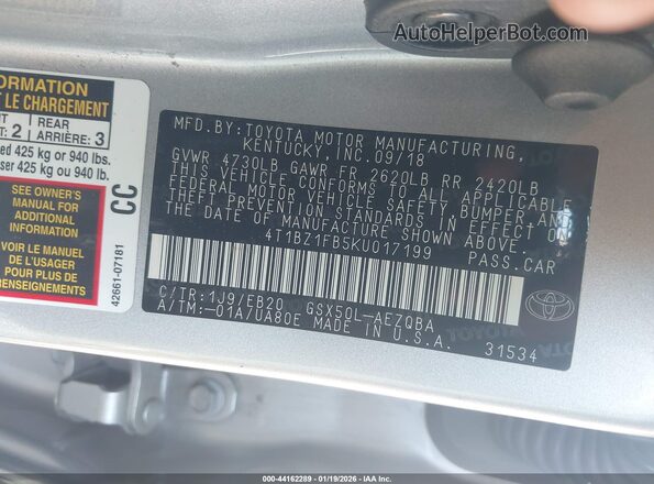 4T1BZ1FB5KU017199 2019 TOYOTA AVALON Silver Vista del compartimento del motor