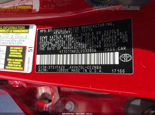 4T1C11AK2LU332658 2020 TOYOTA LE Burgundy Widok komory silnika