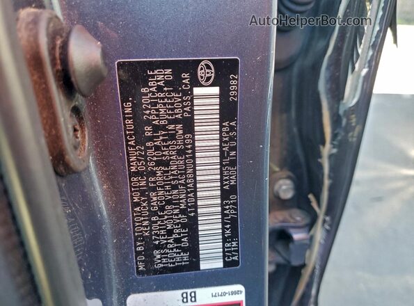 4T1DA1AB8NU014499 2022 TOYOTA LIMITED Charcoal Vista del compartimento del motor