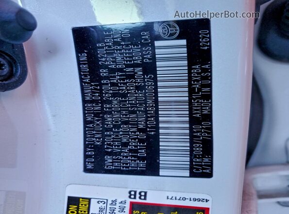 4T1DA1AB9MU006975 2021 TOYOTA LIMITED White VIN კოდის სტიკერის ხედი