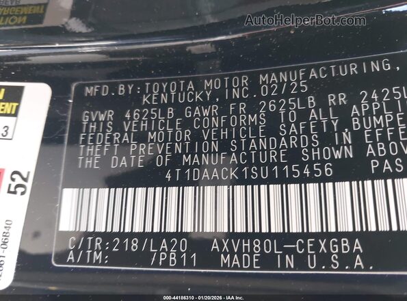4T1DAACK1SU115456 2025 TOYOTA LE Black Вид підкапотного простору
