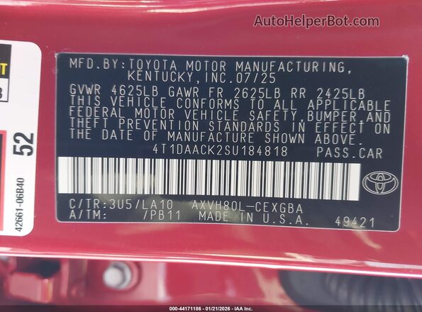 4T1DAACK2SU184818 2025 TOYOTA LE Red Вид підкапотного простору
