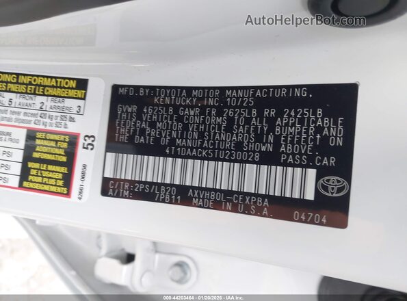4T1DAACK5TU230028 2026 TOYOTA CAMRY Белый Вид подкапотного пространства